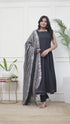 Elegant Black Cotton Flared Kurta with Printed Dupatta